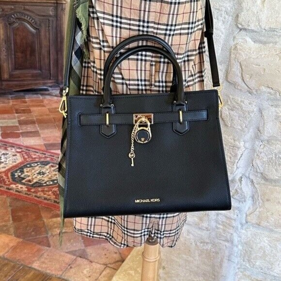 MICHAEL KORS Hamilton Medium Satchel Leather Bag Black gold +wallet set NWT - Picture 3 of 15